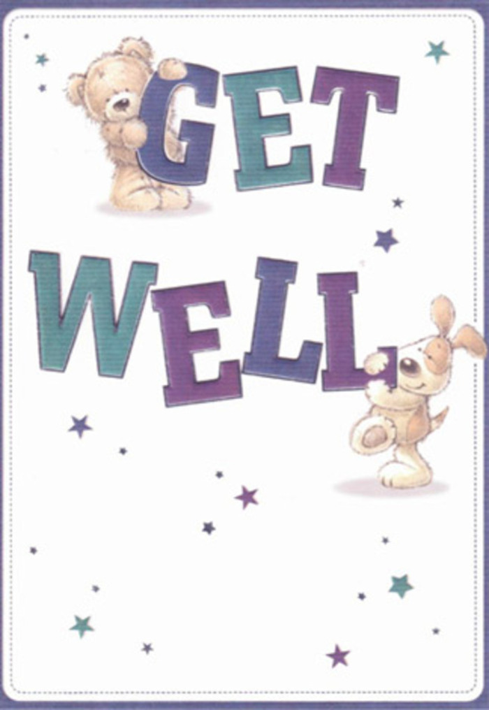 A gentle celebration of hope and encouragement unfolds on this charming get well card, its friendly artwork recalling the community spirit found near Charing Cross and Covent Garden. At the centre, a plush bear and an exuberant puppy-each lovingly illustrated with soft, touchable fur-share a playful moment. Dancing around them, cheerful stars sparkle in indigo and purple, as if scattering good wishes through the air. The typography, shaded confidently in purples and aquas, grounds the composition in positivity, much as a well-crafted bouquet anchors a room. There's a tangible quality to the card: the bear's fluffy coat, the puppy's velvety ears, and the inviting sweep of the bold letters, all designed to comfort with their texture and presence. Imagine pairing this card with a bouquet styled by Flowers Charing Cross-together, they would radiate cheerfulness and genuine care, perfect for supporting someone on their path to recovery. The airy, light-filled design is ideal for anyone in need of a gentle emotional lift, capturing the essence of kindness found in our vibrant local neighbourhood.